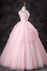 Pink Strapless Tulle Floor Length Prom Dress, Lovely A-Line Evening Party Dress